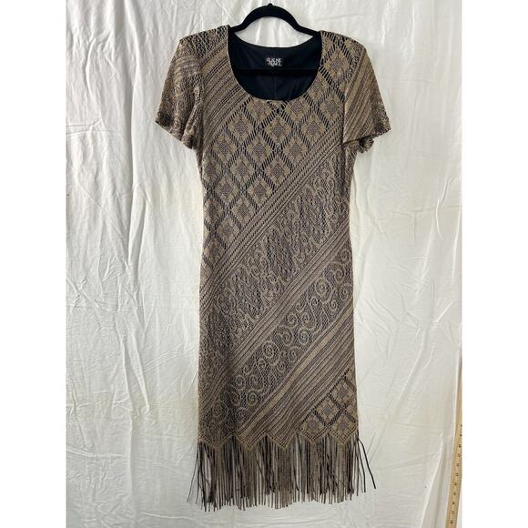 Helene Blake Dress Womens Sz 6 Crochet Fringe Tan Black Boho Midi Party‎ Flapper - Picture 1 of 13